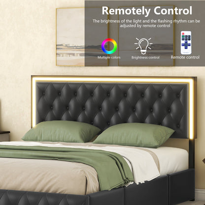 Queen Upholstered PU Leather Platform Bed with LED Headboard, Black
