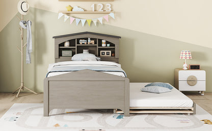 House-shaped Bed with Storage Headboard and Trundle, Gray