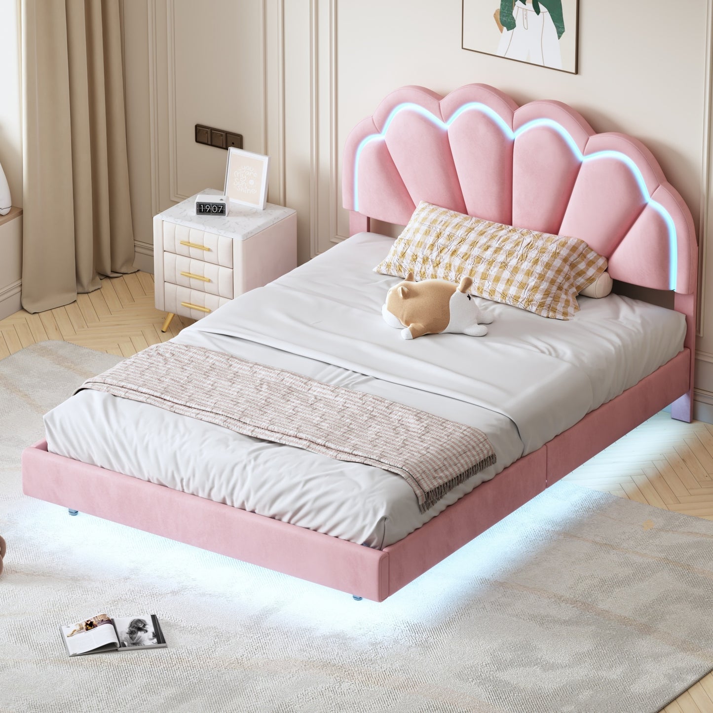 smart led bed frame with elegant flowers headboard