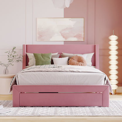 Velvet Upholstered Storage Bed with a Big Drawer - Pink