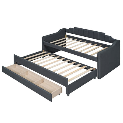 Upholstered Bed with Trundle and Three Drawers, Grey