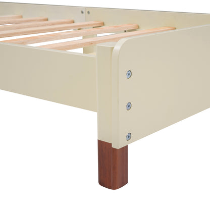 Wood Platform Bed with House-shaped Headboard (Cream+Walnut)