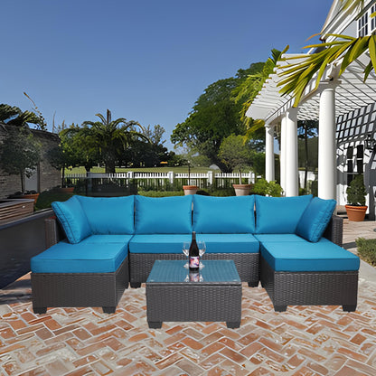 7-Piece PE Rattan Wicker Cushioned Sofa Sets and Coffee Table