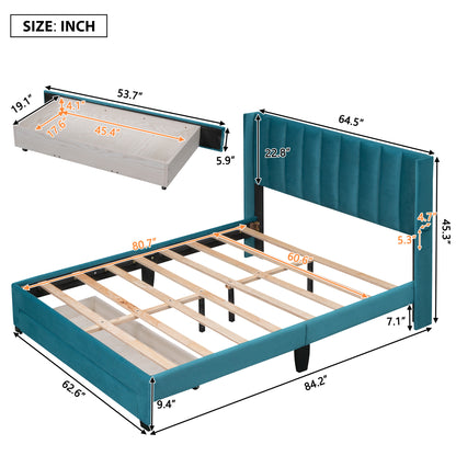 Velvet Upholstered Platform Bed with a Big Drawer