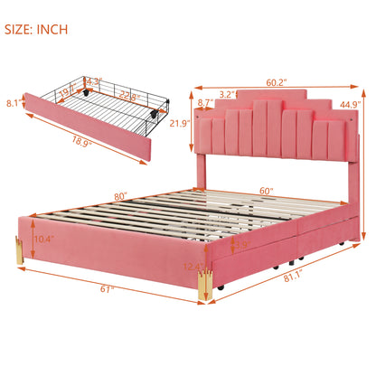 Irregular Upholstered Platform Bed with LED Lights and 4 Drawers, Pink