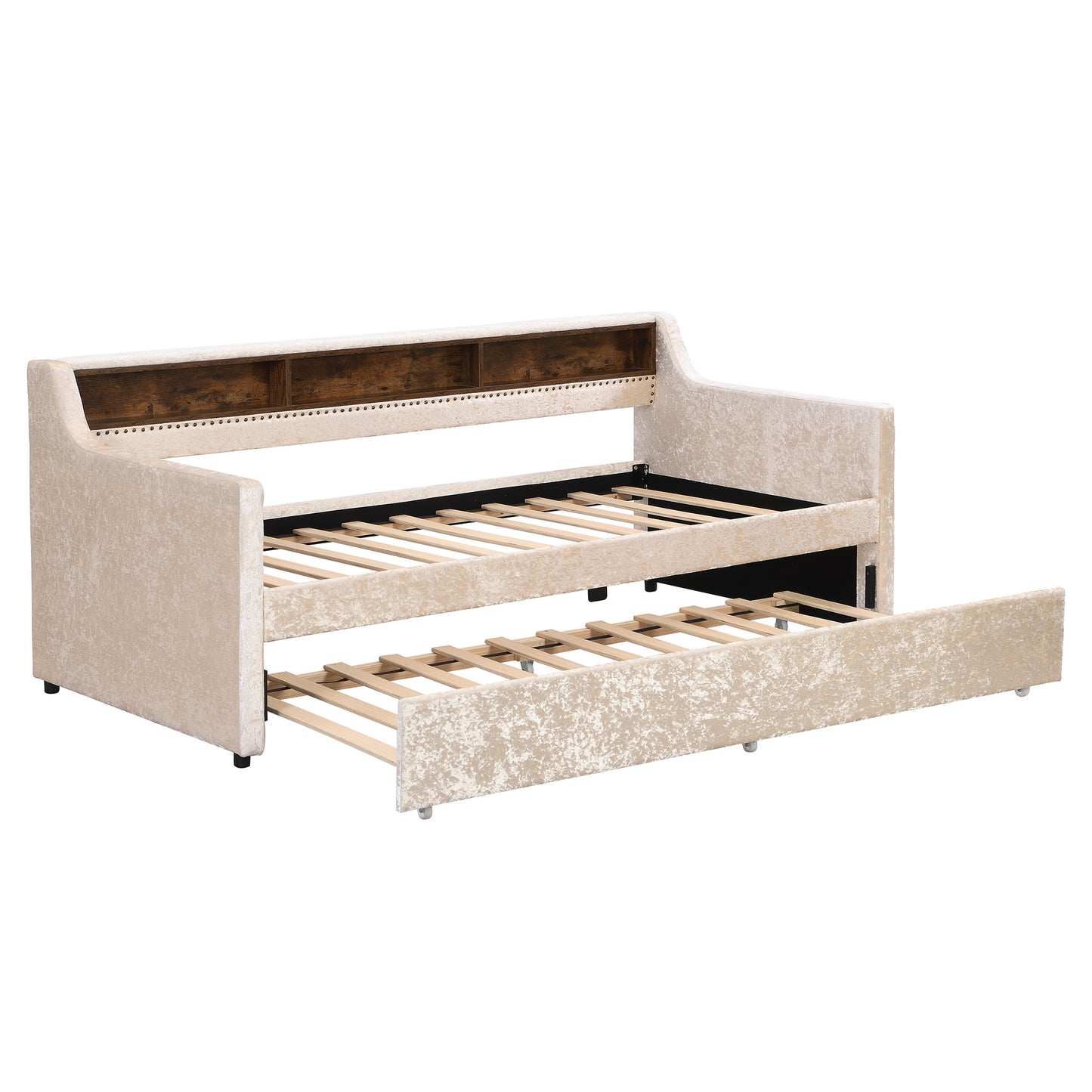twin size snowflake velvet bed with built-in storage shelves, beige
