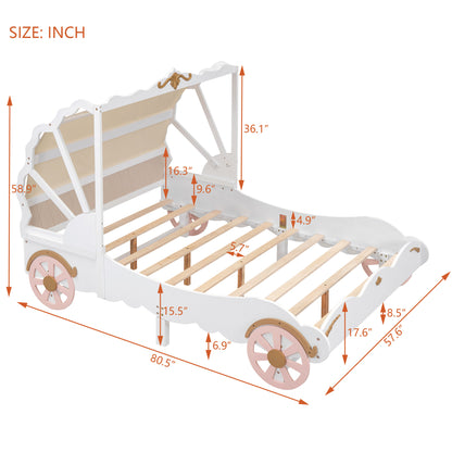 Princess Carriage Bed with Canopy, White+Pink+Gold