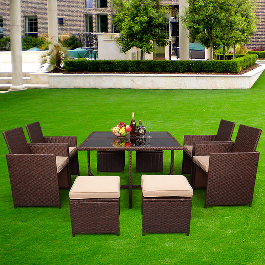 9 Pcs Wood Grain PE Wicker Rattan Dining Set