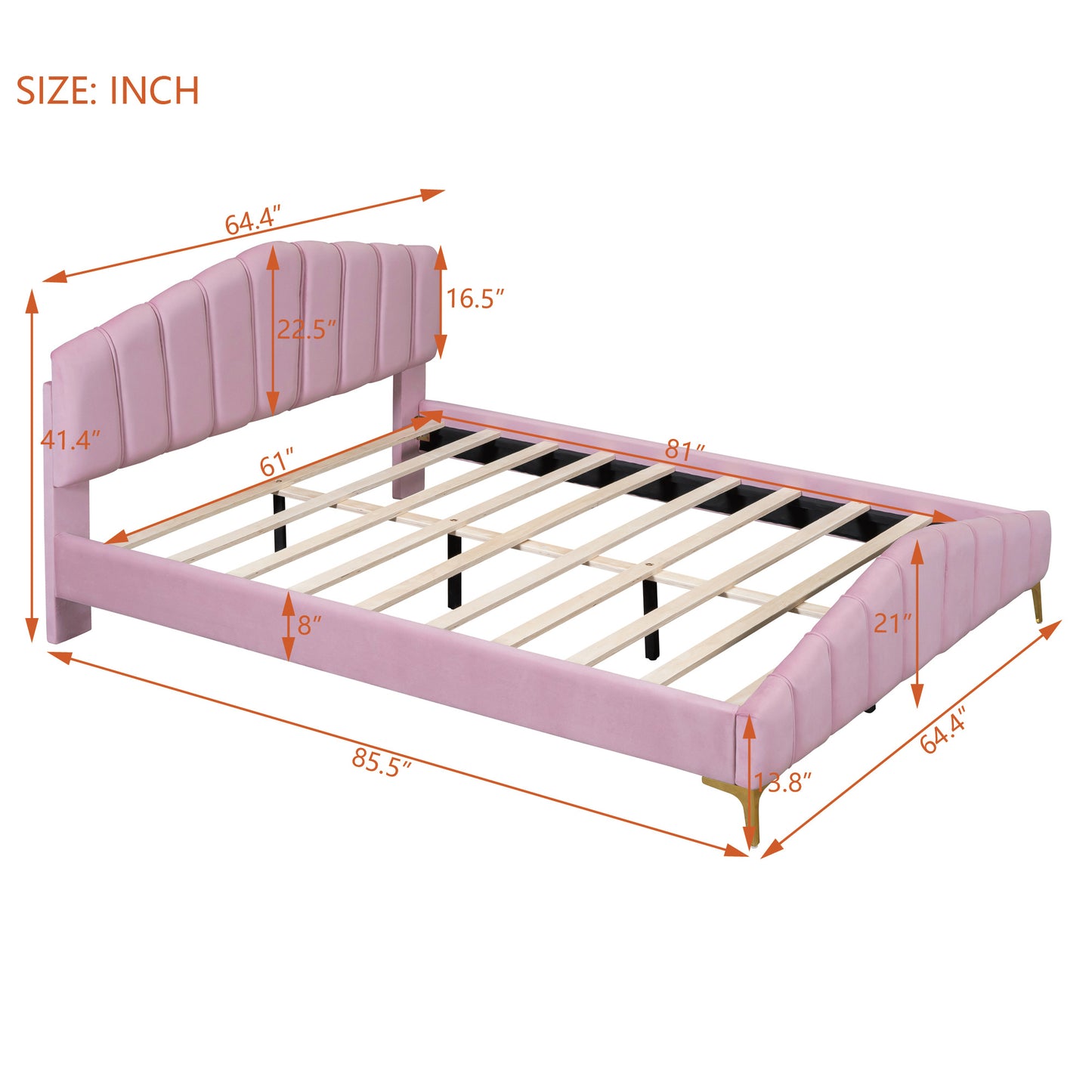 stylish velvet platform bed with thick fabric, pink