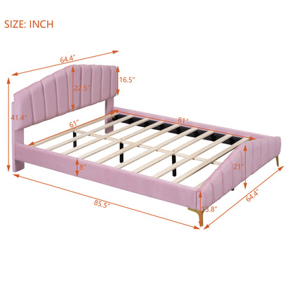 Stylish Velvet Platform Bed with Thick Fabric, Pink