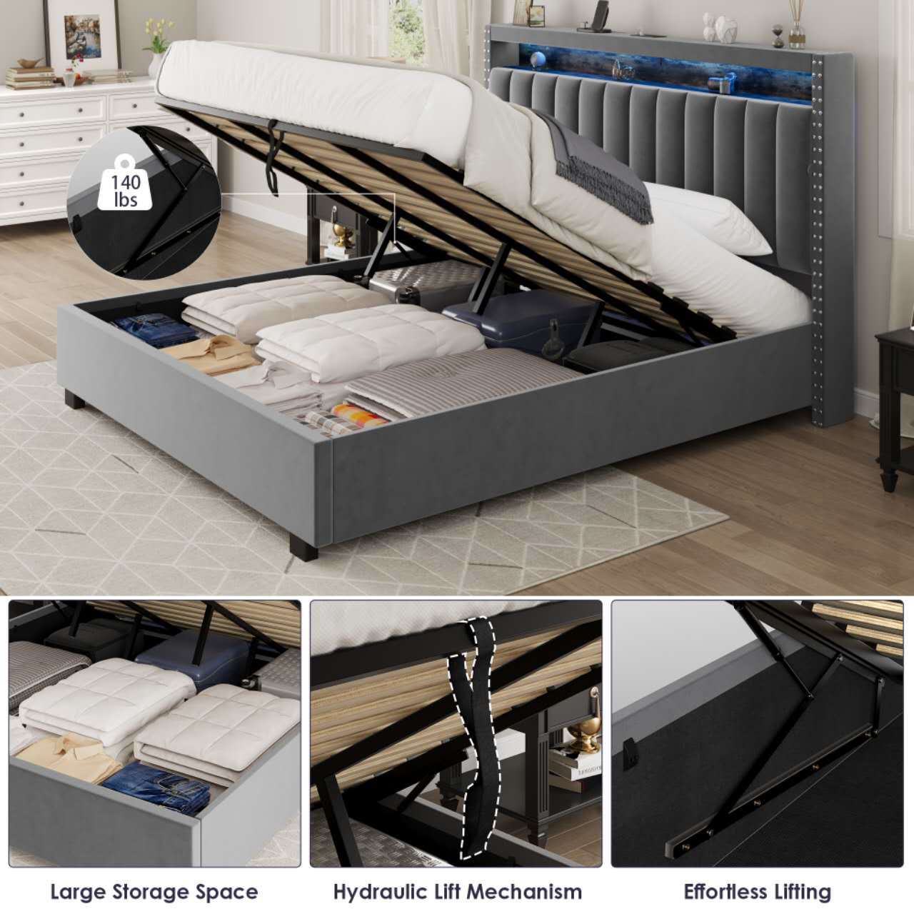 luxury gas lift storage bed with rf led lights & storage headboard ,grey