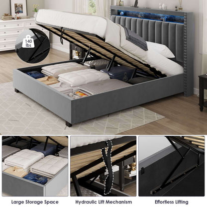 Luxury Gas Lift Storage Bed with RF LED Lights & Storage Headboard ,Grey