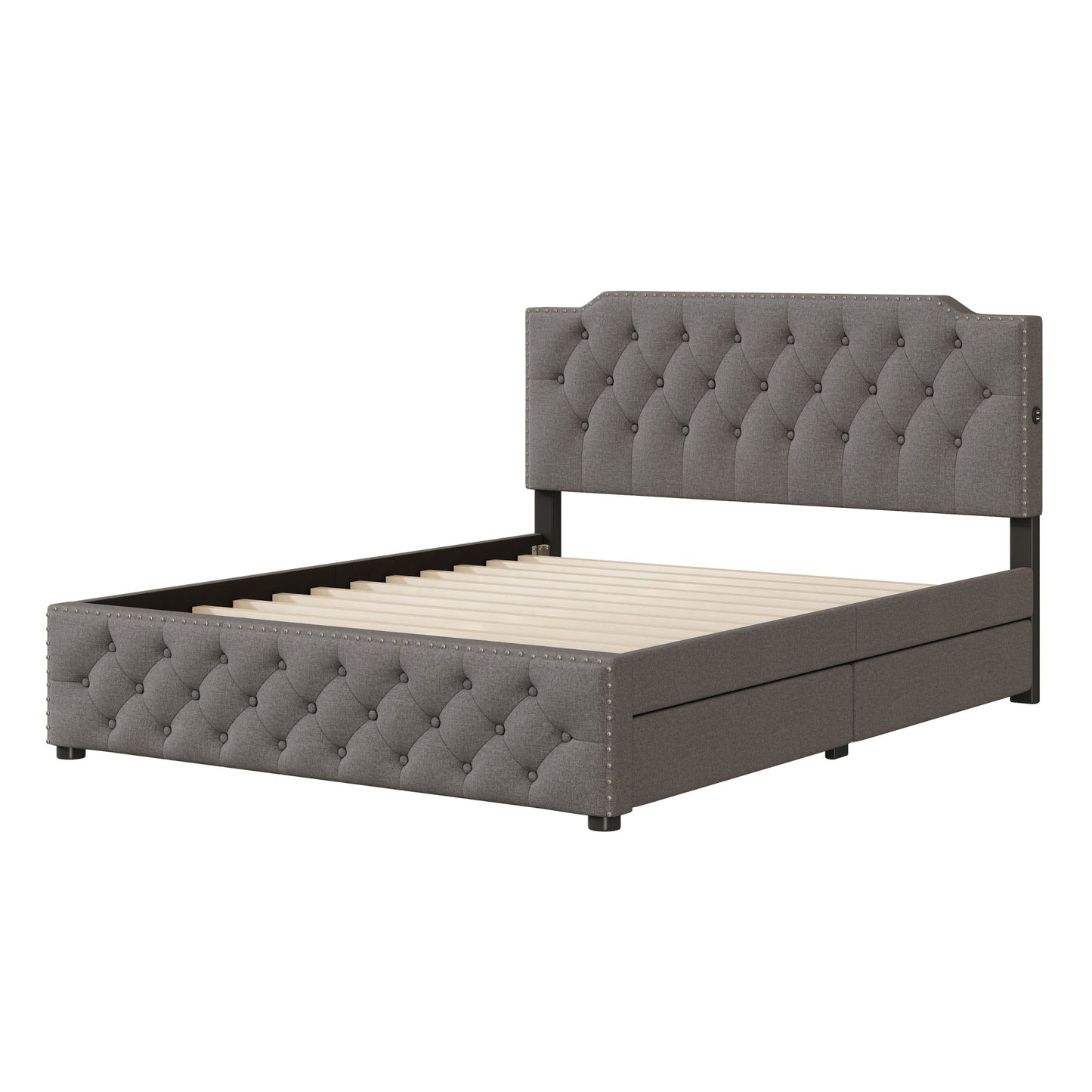 sam upholstered platform bed with 2 drawers and 2 sets of usb ports