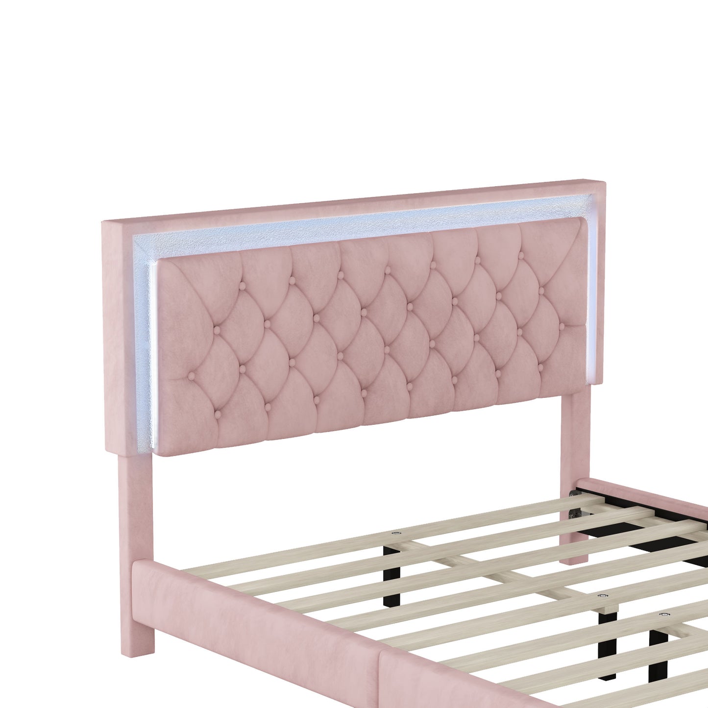 upholstered velvet bed frame with led lights, pink