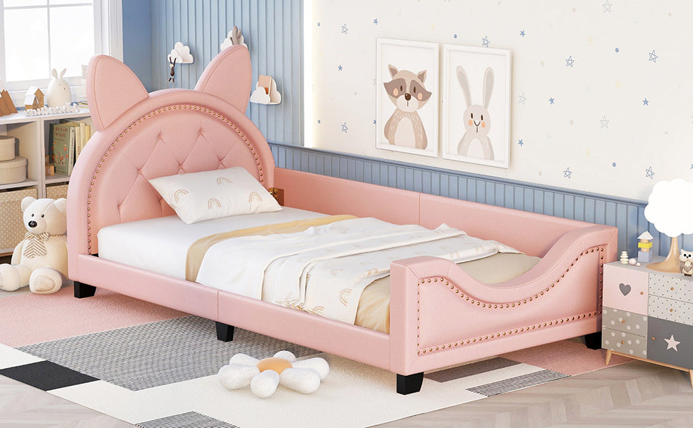 upholstered daybed with carton ears shaped headboard, pink