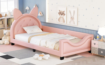 Upholstered Daybed with Carton Ears Shaped Headboard, Pink