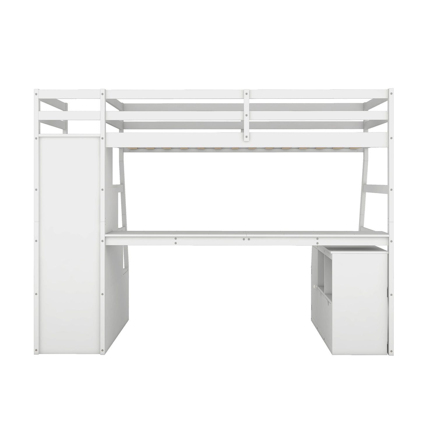 twin size loft bed with 7 drawers 2 shelves and desk - white