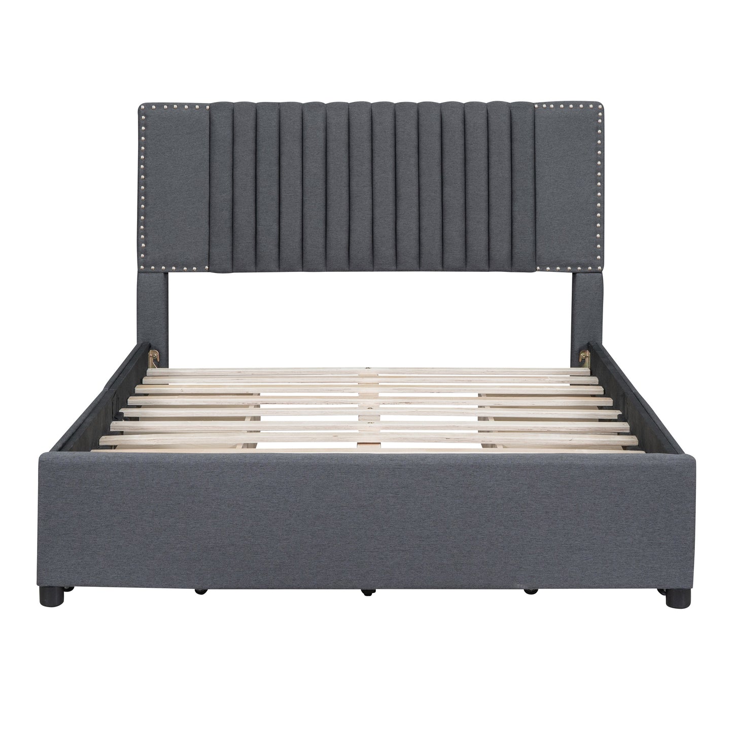 upholstered platform bed with classic headboard and 4 drawers, gray
