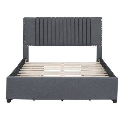 Upholstered Platform Bed with Classic Headboard and 4 Drawers, Gray