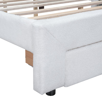 Teddy Fleece Upholstered Platform Bed with Drawer, White