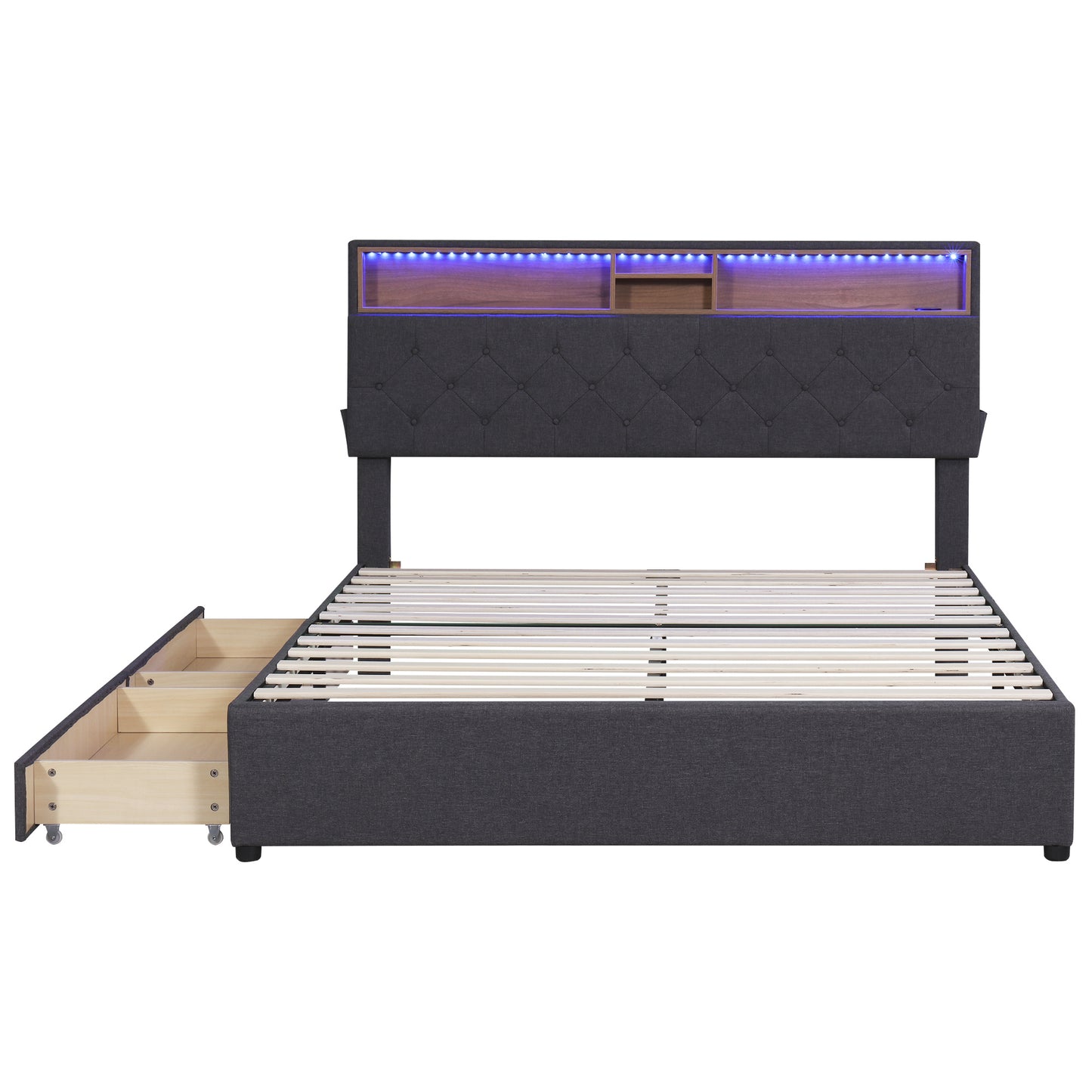 upholstered platform bed with storage headboard, led, usb charging and 2 drawers