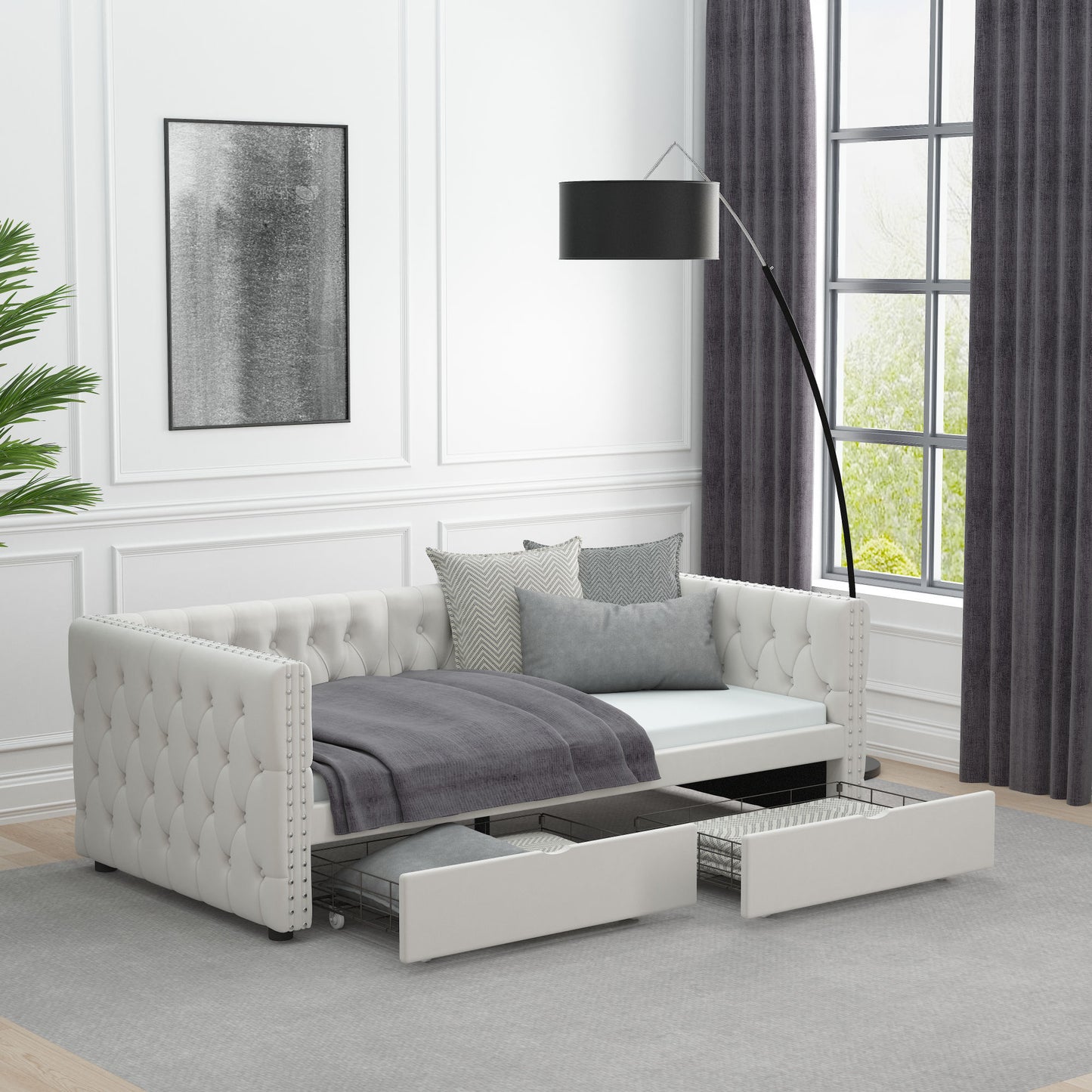 velvet upholstered tufted bed with drawers, white
