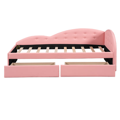 Upholstered Tufted Bed with Two Drawers and Cloud Shaped Guardrail, Pink
