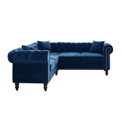 Luxury Classic Chesterfield L-shaped Sofa 3 Pillows Included, Blue Velvet