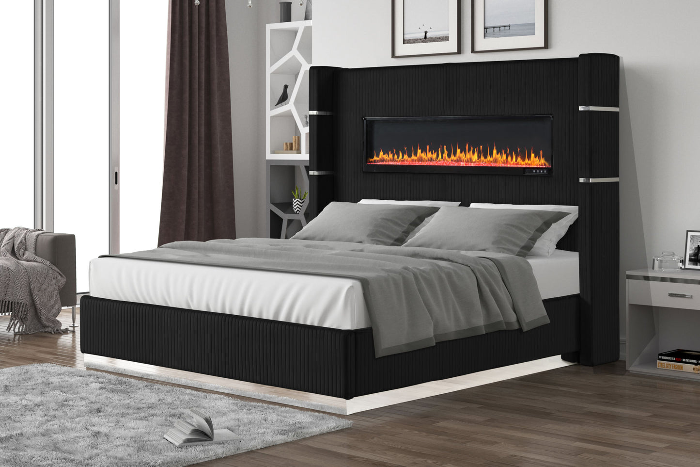lizelle upholstery wooden queen bed with ambient lighting in black velvet finish