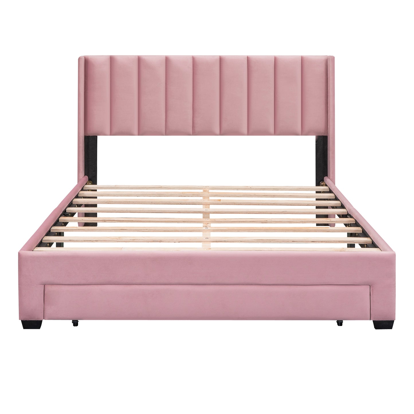 queen size storage bed velvet upholstered platform bed with a big drawer - beige