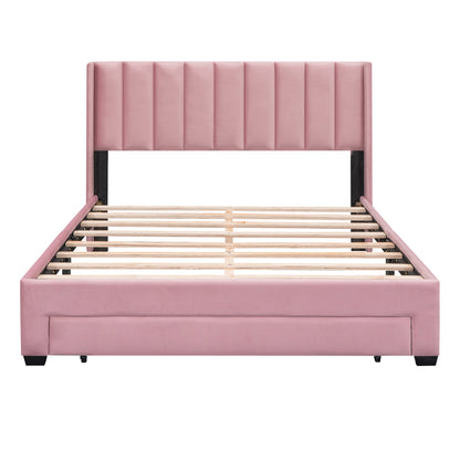 Queen Size Storage Bed Velvet Upholstered Platform Bed with a Big Drawer - Beige