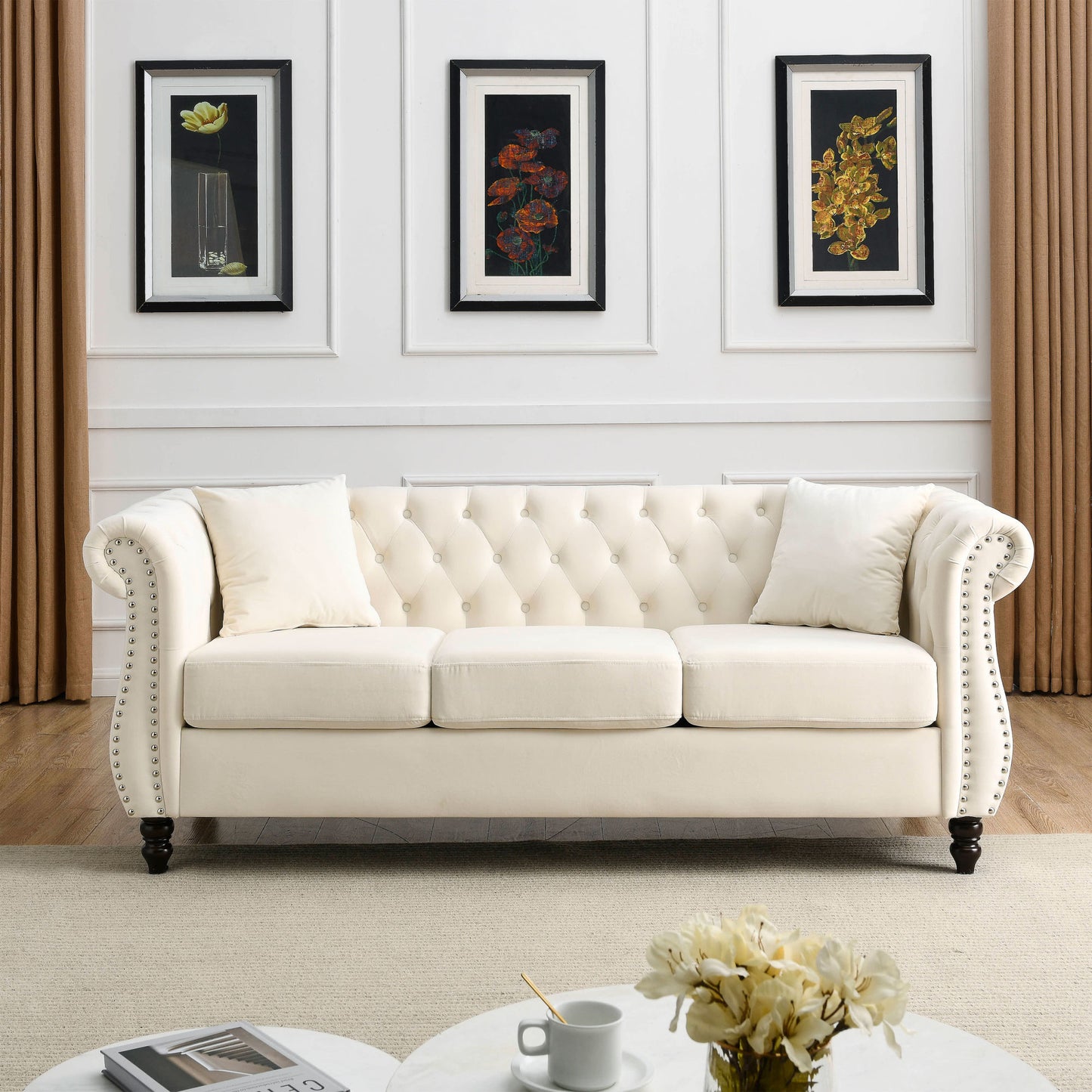 3-seater + 3-seater combination sofa, beige velvet