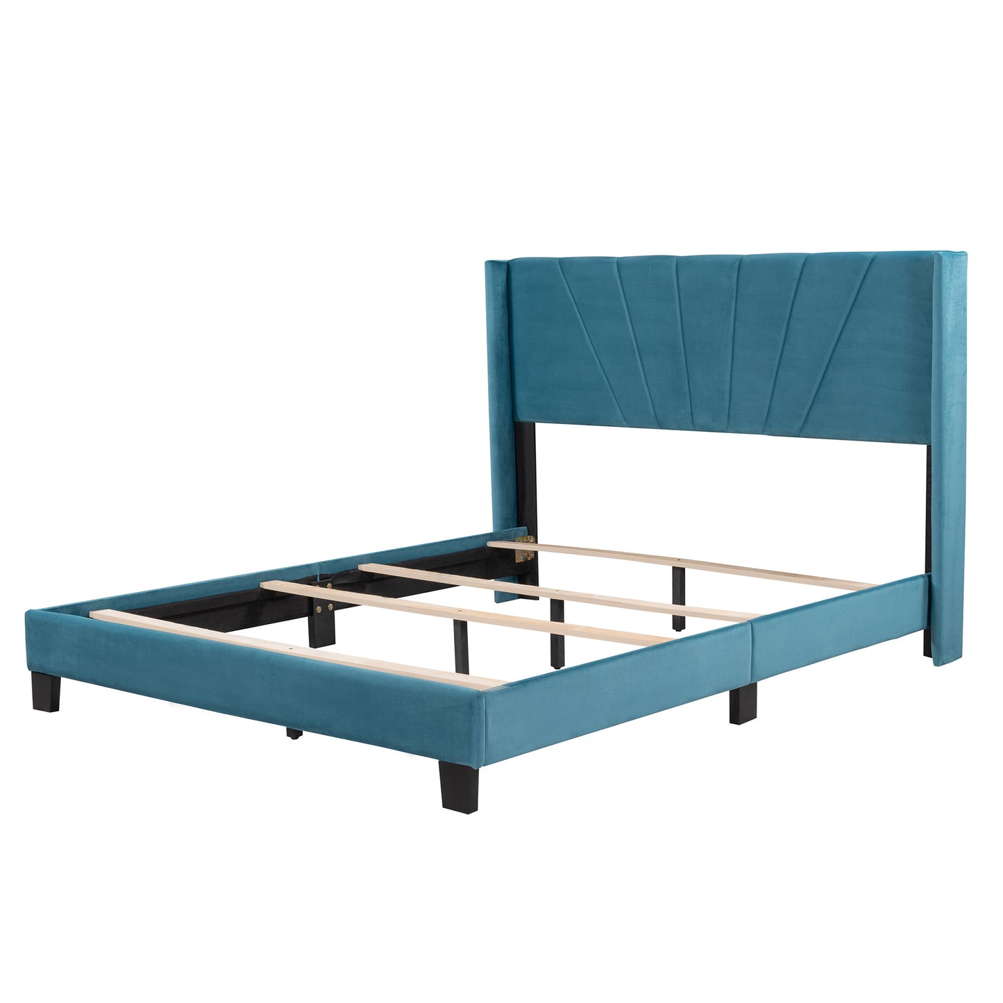 queen size velvet upholstered platform bed, blue