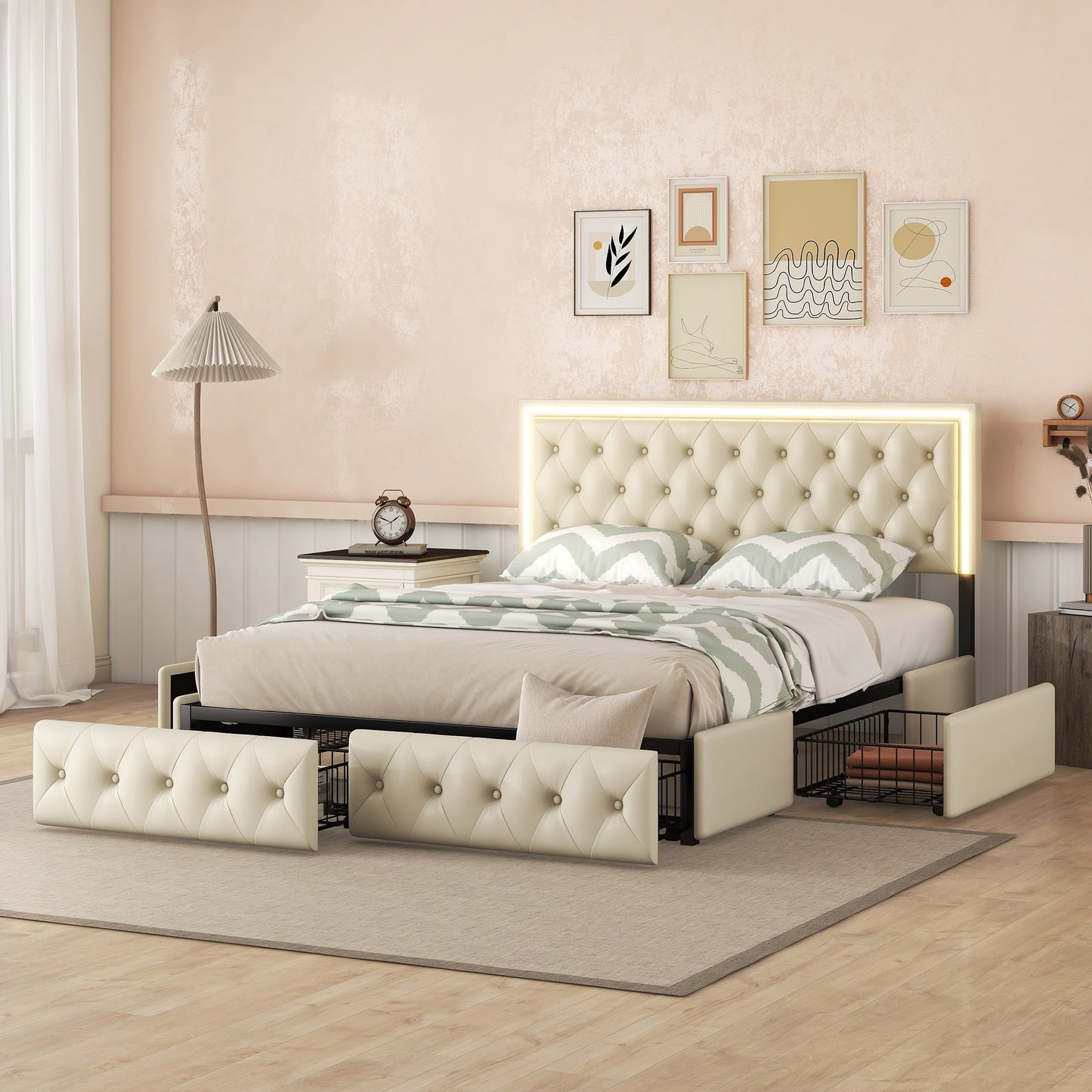 upholstered leather led headboard bed frame with 4 storage drawers, beige