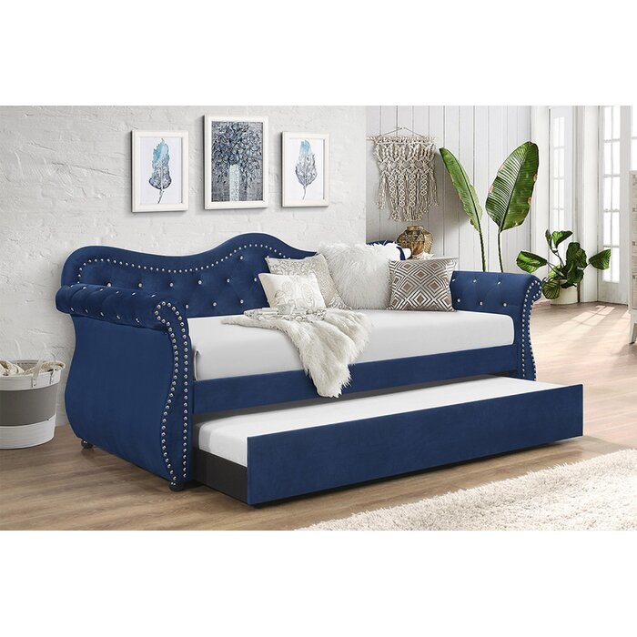 upholstered velvet wood daybed with trundle