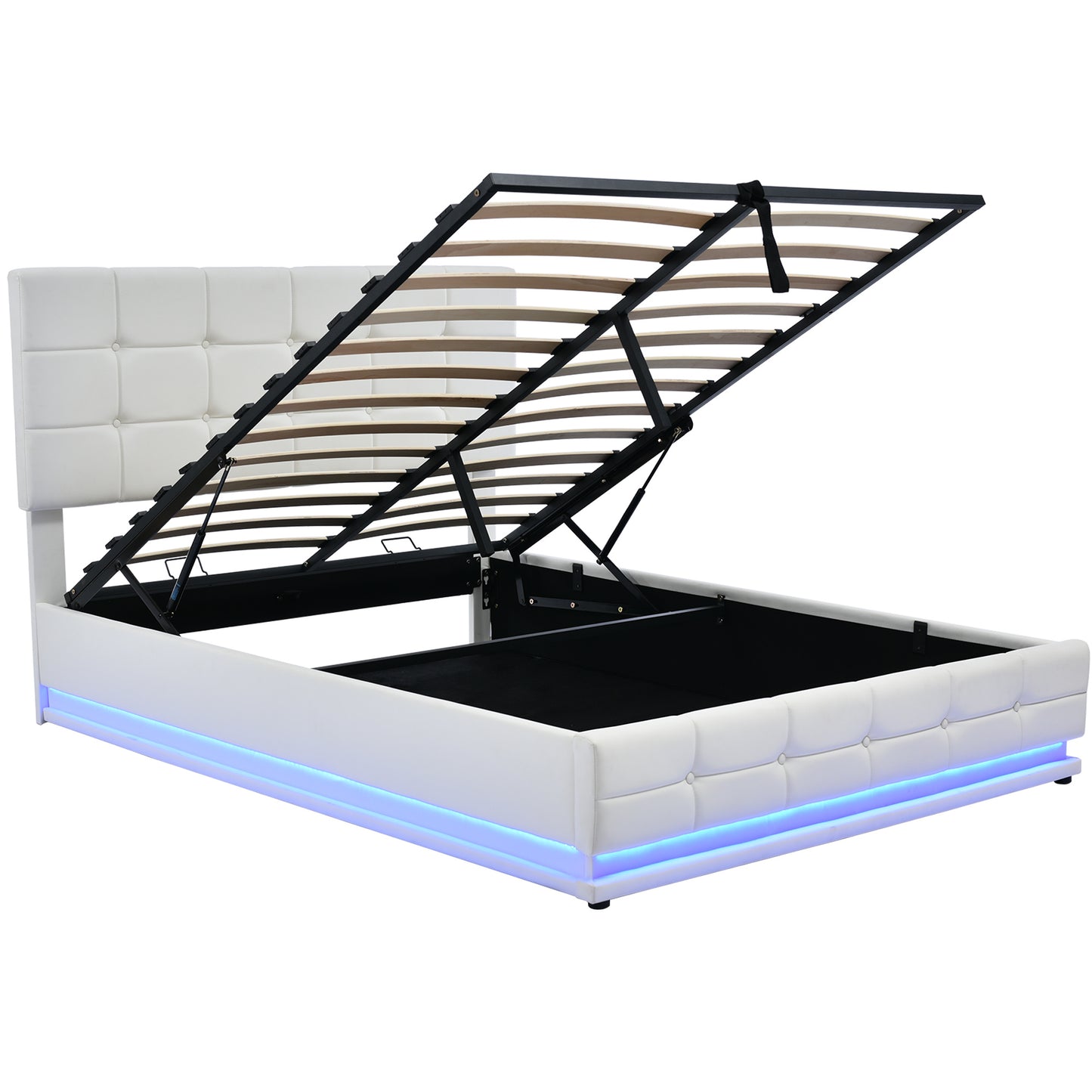 tufted upholstered platform bed with hydraulic storage system, led lights, and usb charger, black