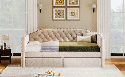 Kim Upholstered Bed with Drawers, Beige