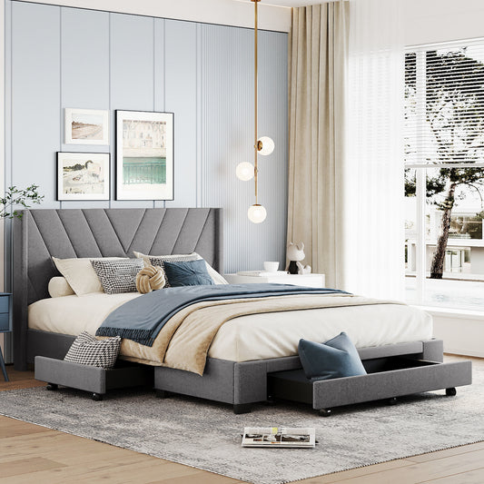 Amber Storage Bed Linen Upholstered Platform Bed with 3 Drawers (Gray)