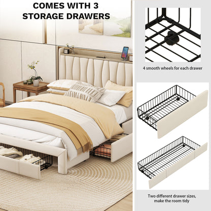 Queen Size Bed Frame with Storage Headboard and Charging Station, Beige