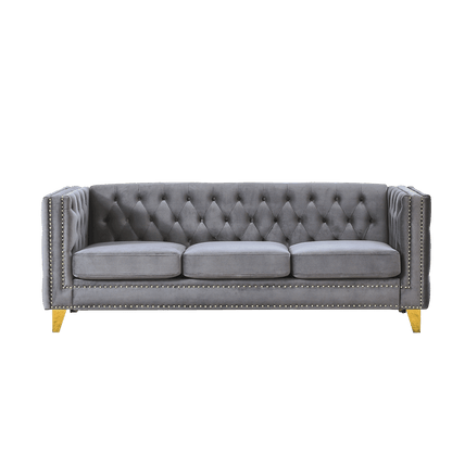 Velvet Sofa Tufted Square Arm Couch, Grey Velvet