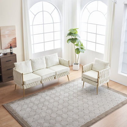 Fiona Fluffy Tufted Upholstered Sofa Set, Cream White Velvet