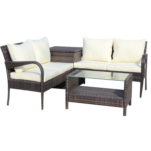 4 piece wicker rattan sofa set with storage box brown