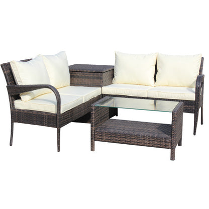 4 Piece Wicker Rattan Sofa Set with Storage Box Brown