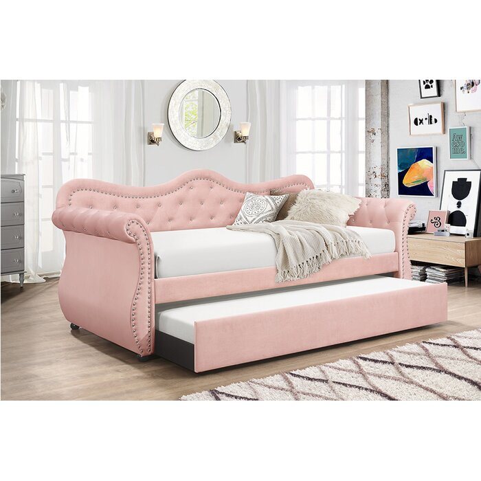 upholstered velvet wood daybed with trundle in pink