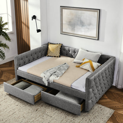 Upholstered Full Size Bed with Two Drawers, Grey
