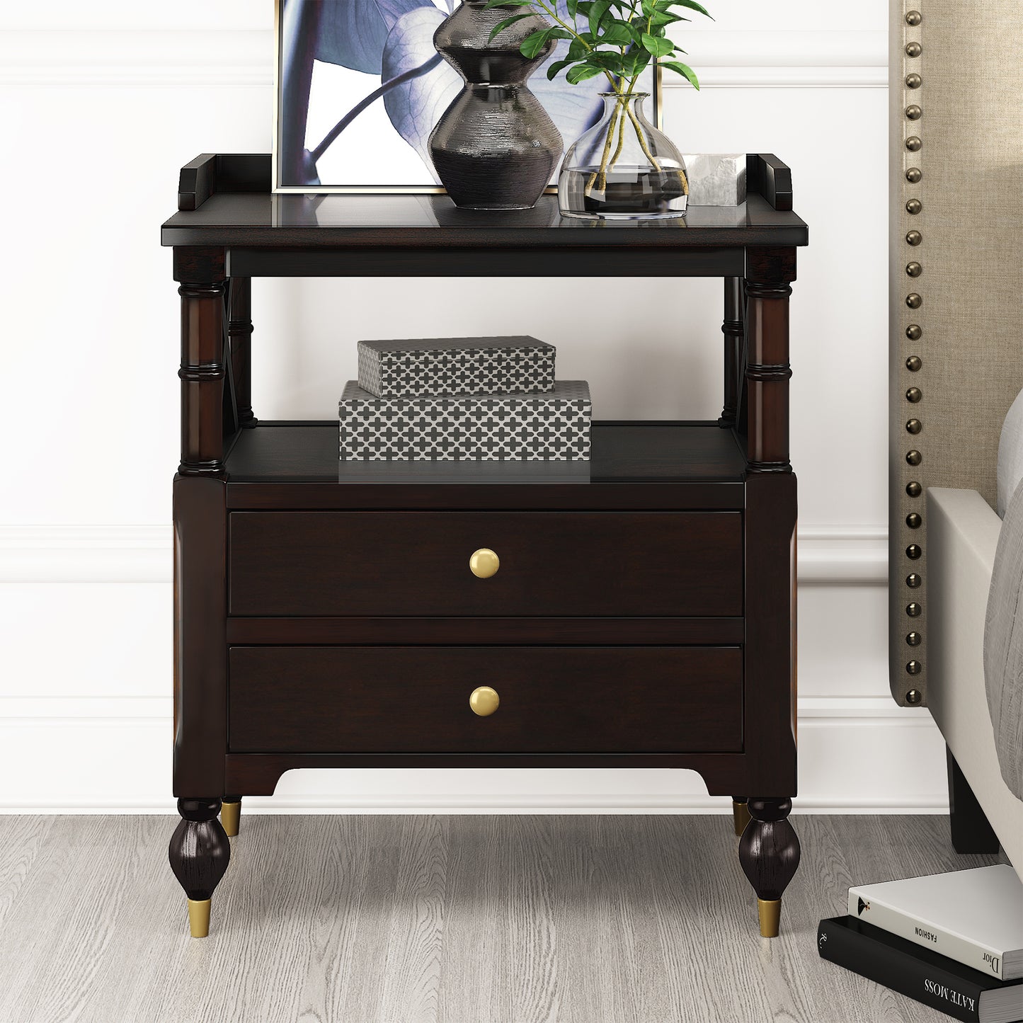 3 pieces bedroom set modern linen curved upholstered beige platform queen bed with two black cherry nightstands