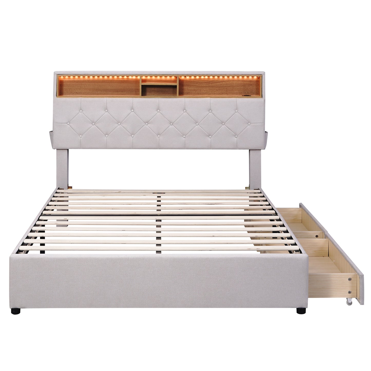 upholstered bed with storage headboard, led, usb charging and 2 drawers