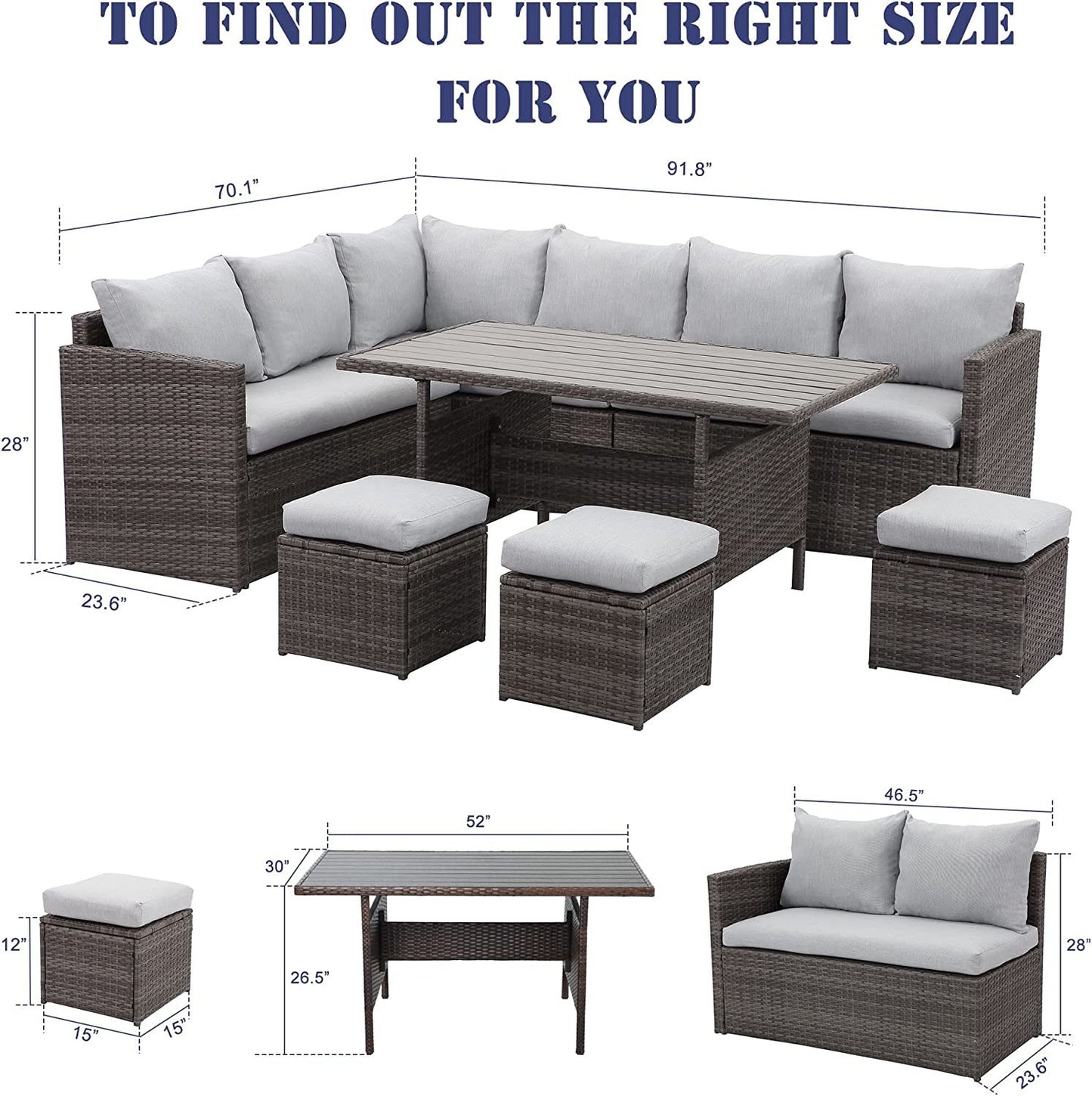 7-pieces pe rattan wicker patio dining sectional cusions sofa set with grey cushions