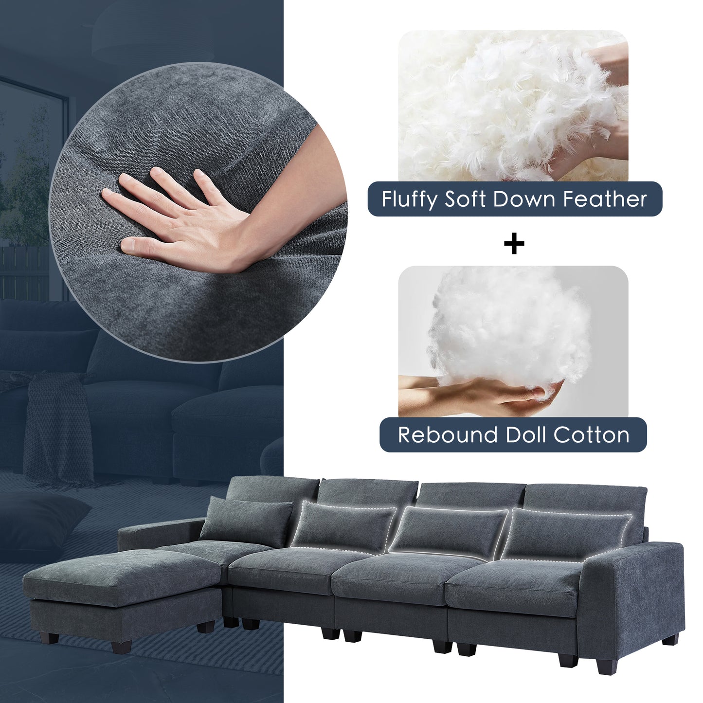 u_style modern large l-shape feather filled sectional set, grey
