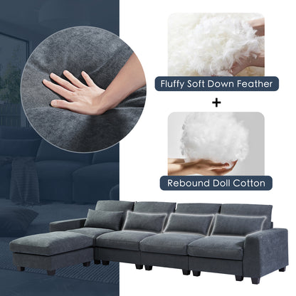 U_Style Modern Large L-Shape Feather Filled Sectional Set, Grey